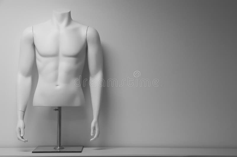 White male mannequin torso on a stand in front of white background.