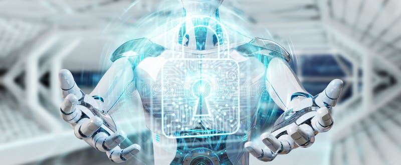 White man robot securing digital datas 3D rendering. White man robot on blurred background securing digital datas 3D rendering