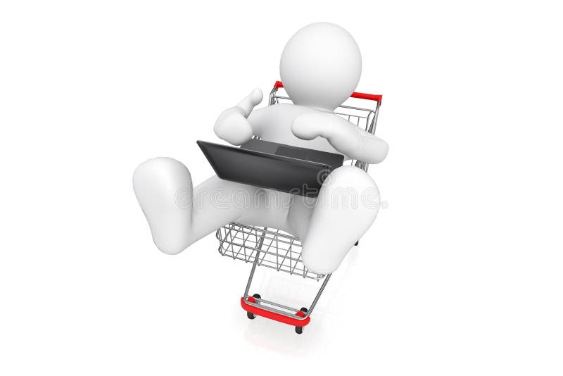 White man with shopping cart on white with clipping path, online shopping concept. Shopping cart credit card illustrations