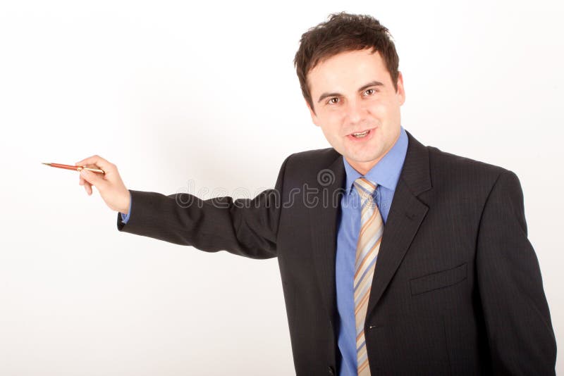 White man in suit pointing at blank space - close up. White man in suit pointing at blank space - close up