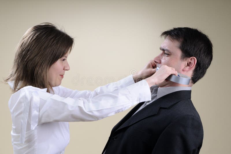 White manager gluing his partner mouth