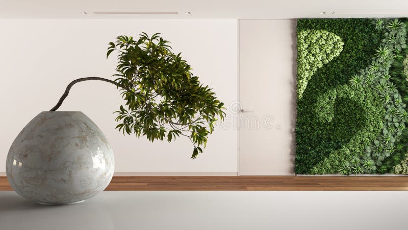 White mat table shelf with round marble vase and potted bonsai, green leaves, over minimal empty room, open space with parquet. royalty free illustration