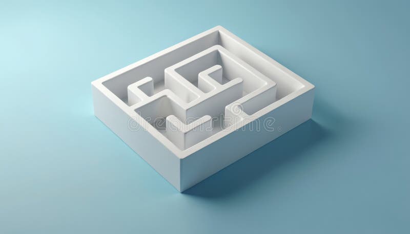 White maze on simple blue background. Abstract 3D geometric model represents complex path, challenge, and solution. Minimalist vector illustration