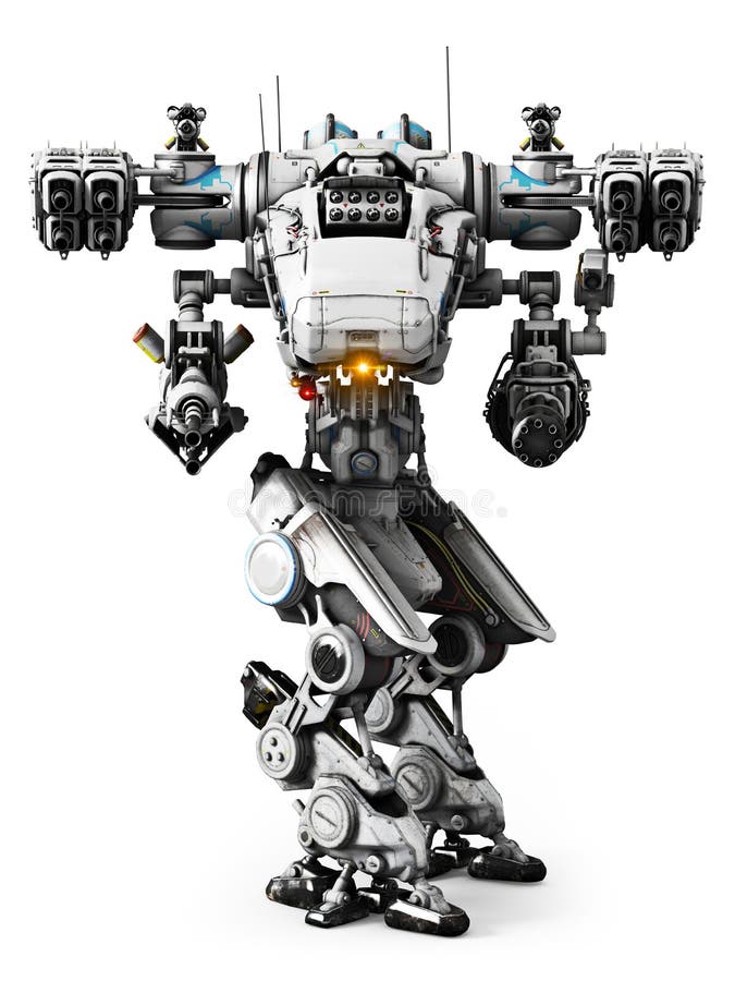 White Mech weapon with full array of guns pointed stock illustration