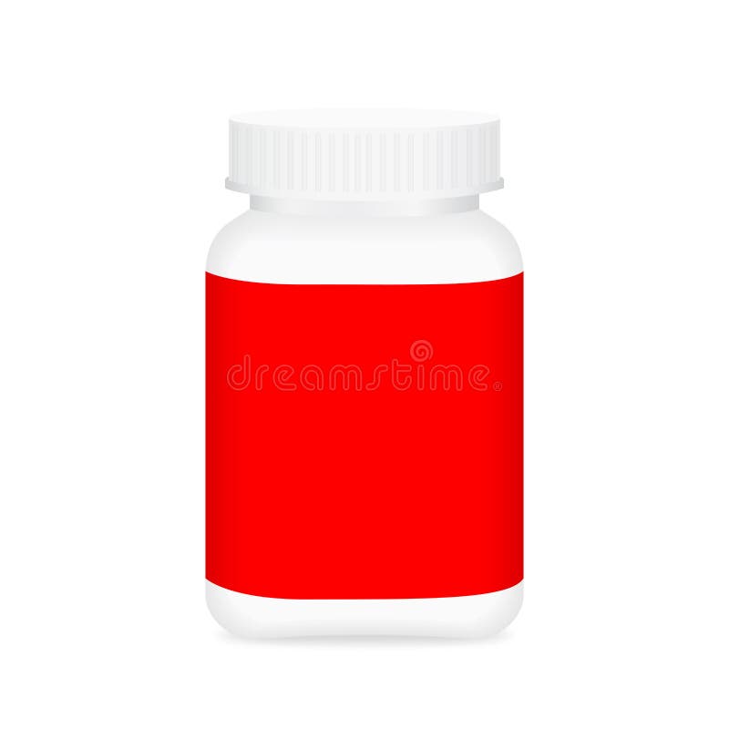 White medicine bottle and red label, bottle plastic white packaging single blank for template design white background, package vector illustration