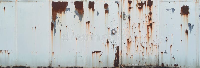 White metal steel door. Rusty corrugated iron metal, Zinc steel wall, pattern texture background. Close-up of exterior