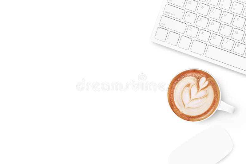 White minimal office desk table with computer mouse, keyboard and cup of coffee. Top view with copy space, flat lay royalty free stock photography