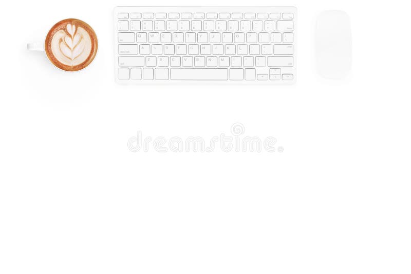 White minimal office desk table with computer mouse, keyboard and cup of coffee. Top view with copy space, flat lay stock images