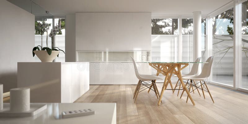 Moderná obývacia izba s jedálenským kútom, sideboard a bočné tabuľky (3D render, žiaden majetok vydania potrebné)