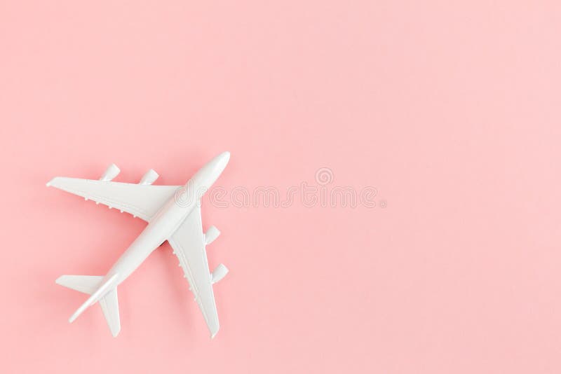 White Model Plane, Airplane on Pink Background. Top View, Flat Lay. Banner.  Stock Image - Image of creative, color: 188193839