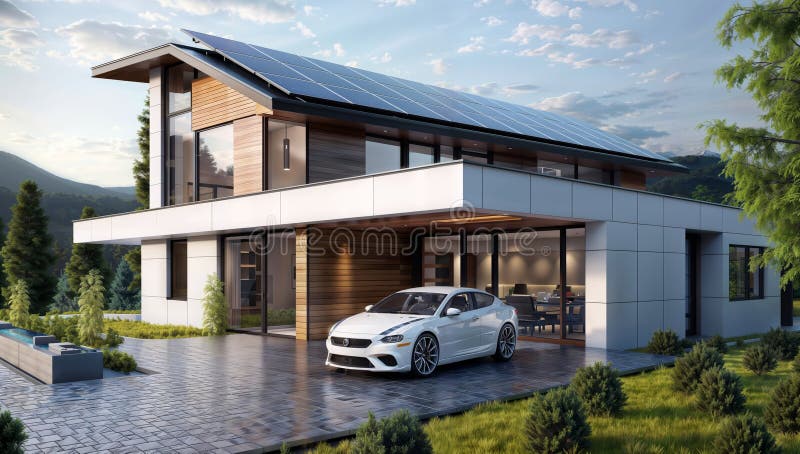 3d Rendering Of A White Modern House With Solar Panels On The Roof ...