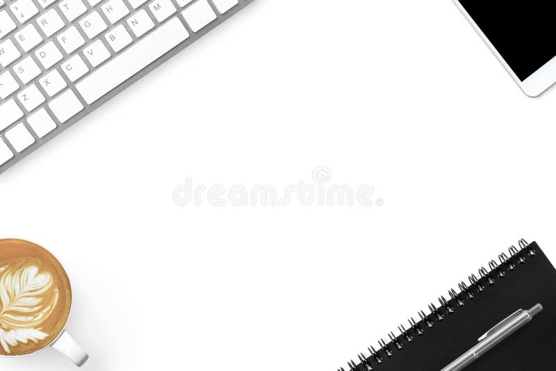 White modern office desk table with supplies and latte coffee. Top view with copy space, flat lay royalty free stock photos