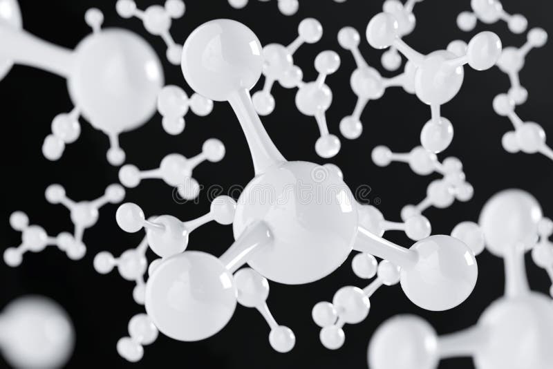 White molecule or atom on black. Abstract clean structure for science or medical background, 3d rendering illustration stock image White molecule or atom on black. Abstract clean structure for science or medical background, 3d rendering illustration stock image