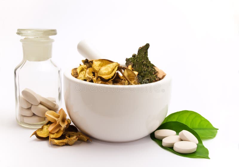 White mortar and pestle. Herbals, pills and green leaves. Pharmacy bottle. Green herbal drug medicine stock images, royalty-free photos and pictures