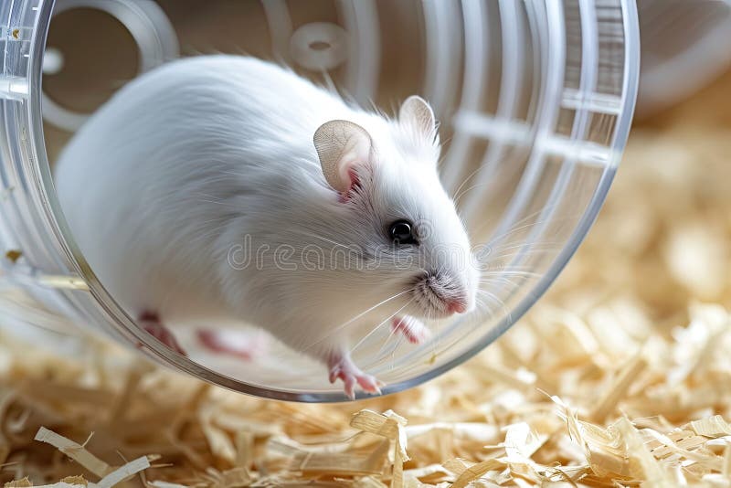 White mouse is running in running wheel for hamsters vector illustration