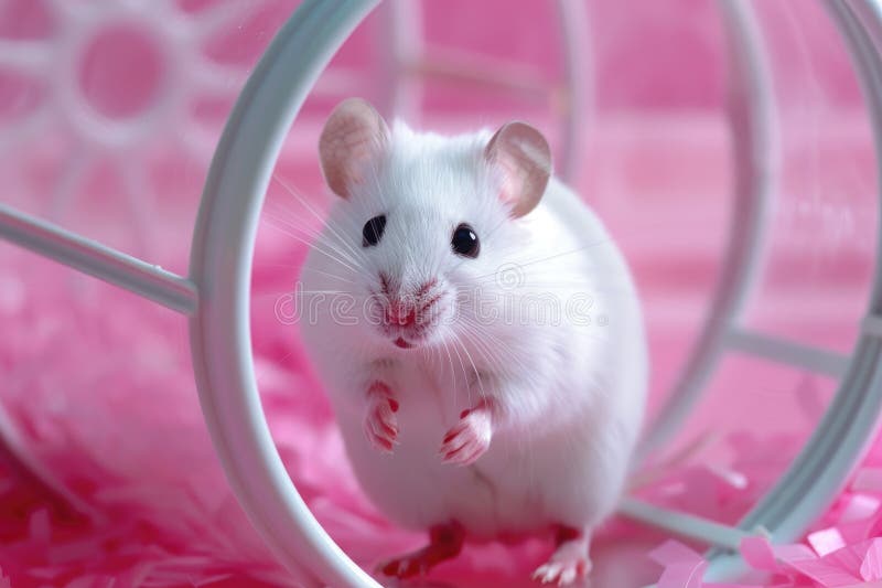 White mouse on a running wheel showcasing pet activity stock illustration