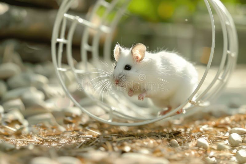 White mouse on a running wheel showcasing pet activity stock illustration
