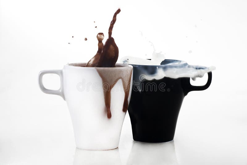Download White Mug With Coffee And Black Mug With Milk On A White Background Splash Stock Photo Image Of Plastic Ceramic 155631276