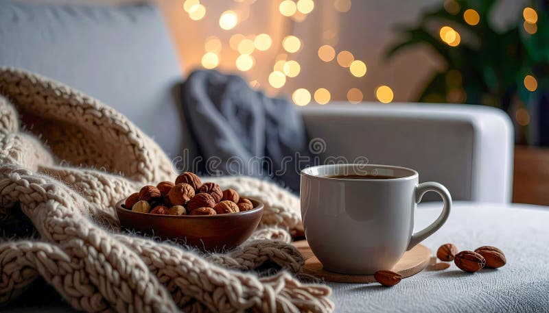 A white mug with coffee and a bowl of nuts on a couch royalty free illustration