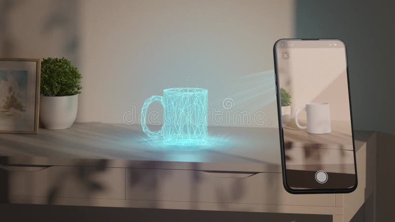 White mug hologram stand on table phone display augmented reality stock footage