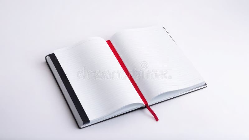 White notepad with red bookmark, study supplies, for business, school and office, on white isolated background, minimalism