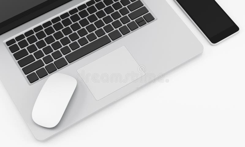 White office desk table with computer notebook, mouse and phone, workspace design illustration 3D rendering vector illustration