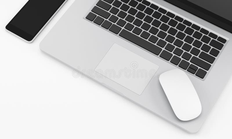 White office desk table with computer notebook, mouse and phone, workspace design illustration 3D rendering stock illustration
