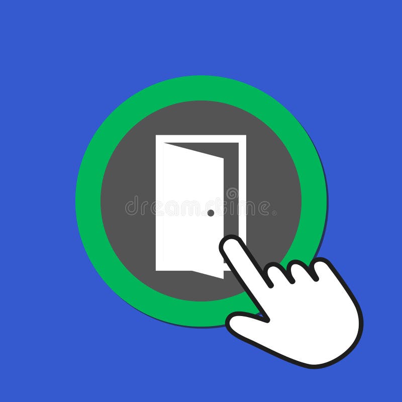 White open door icon. Exit, solution concept. Hand Mouse Cursor Clicks the Button vector illustration