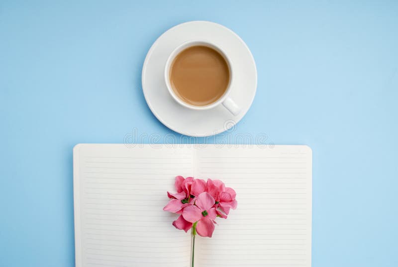 White open notebook for notes, white cup of coffee with milk, pink flower on a blue background, place for text, copy space. Top vi