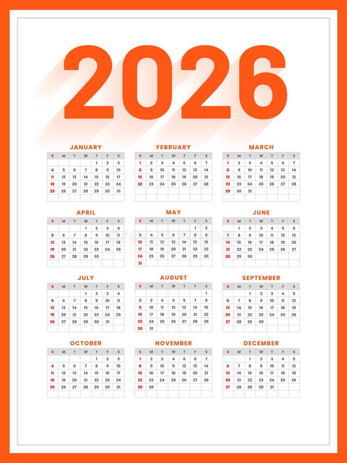 white-orange-2026-monthly-calendar-layout-design-stock-vector