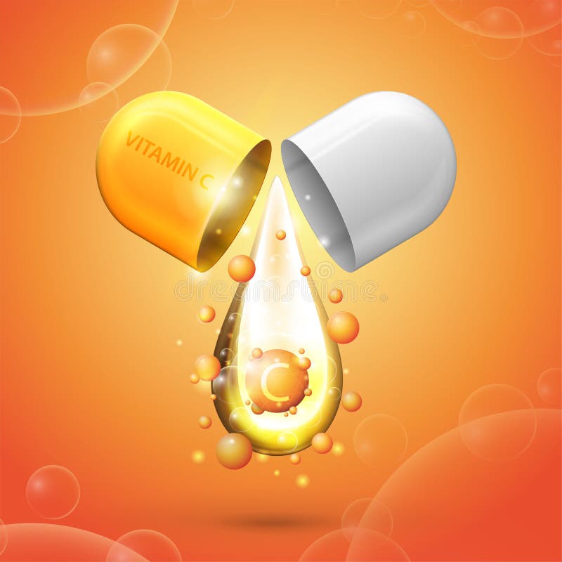 White and Orange Pill Capsule with Drop of Vitamin C. Orange Poster