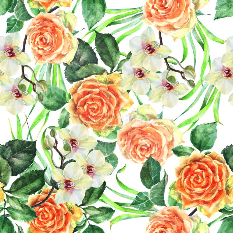 White orchid flower on a branch, orange rose,watercolor, bouquet, pattern seamless