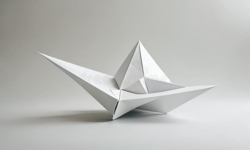 The image presents a minimalist, abstract sculpture composed of white triangular shapes, arranged in a way that creates a sense of balance and harmony. The sculpture is set against a plain white background, which further accentuates its geometric design. The use of a single color, white, gives the sculpture a clean and modern aesthetic. The sculpture is positioned in the center of the image, drawing the viewer's attention directly to it. The simplicity of the design and the lack of any other objects or distractions contribute to the overall sense of tranquility and stillness in the image. The absence of any text or discernible actions allows the viewer to focus solely on the sculpture and its visual impact. Plain objects illustrations