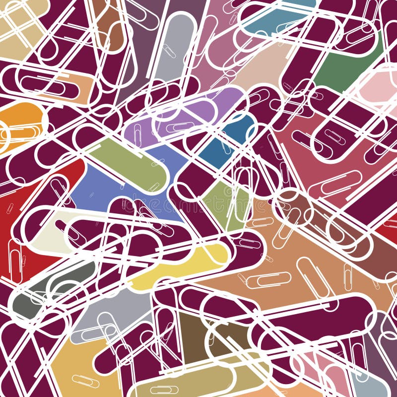 White, outlined paperclips based design, with colored gaps, overlapping shapes based pattern. White paper clips on multi color background, on random rotated, in overlapping positions, simplified modern office related pattern