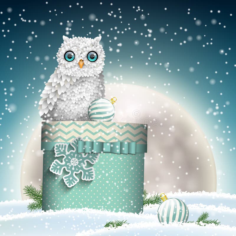 White owl with Christmas gift box and moon