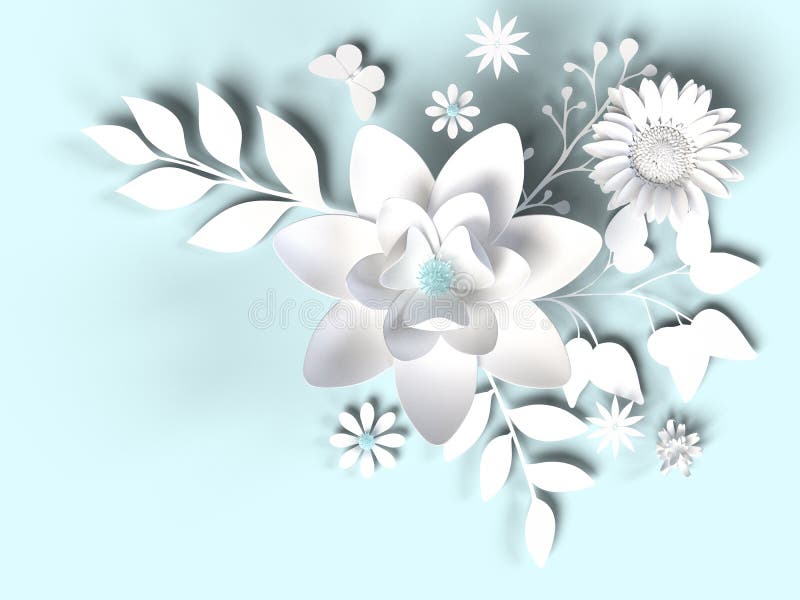 White paper flowers for Valentine`s day, wedding, Easter. 3d render, digital illustration, white paper flowers, Valentine`s day decor, pastel floral background stock illustration