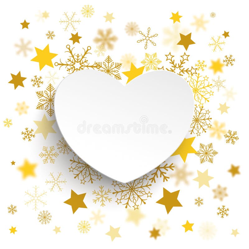 White Paper Heart Christmas Golden Stars Snowflakes