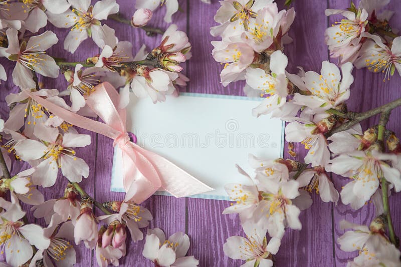 White Paper Mock Up On Rustic Wood Background With Natural Style Decorations Spring White Blossom. Blank Template, Art