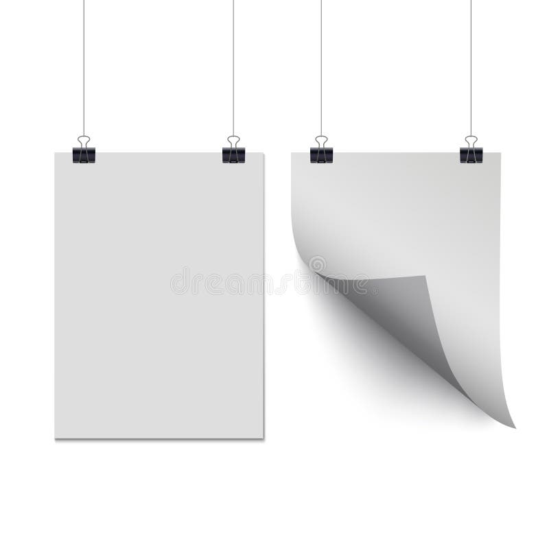 White Paper Sheets Hanging on Paper Clips Isolated on White Background