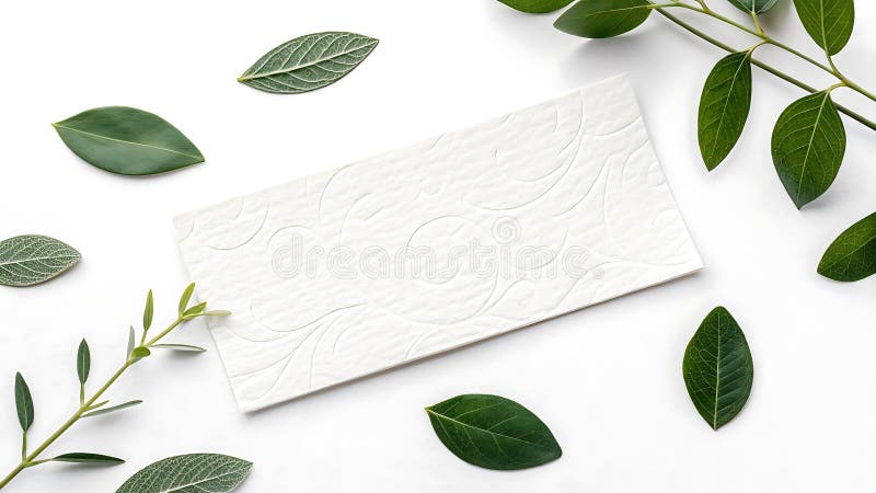 White patterned rectangular plate surrounded by green leaves on a white background vector illustration
