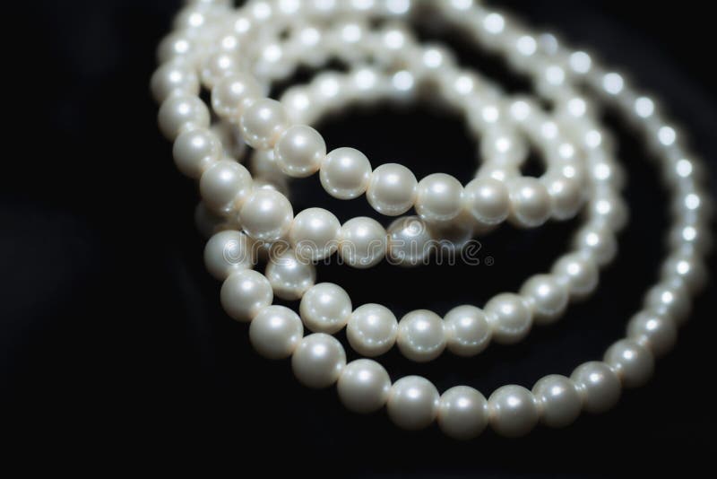 White Pearl Necklace on a Black Silk Close Up Stock Image Image of