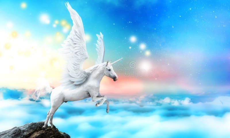 White pegasus unicorn in a rock cliff high above the clouds