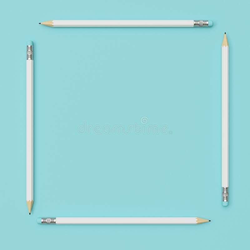 White Pencils around square shape on blue pastel paper background