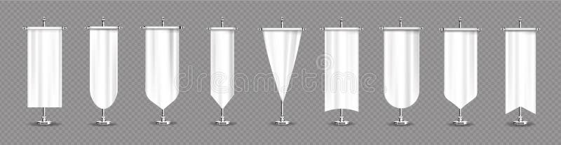 White pennant flags mockup, blank vertical banners stock illustration