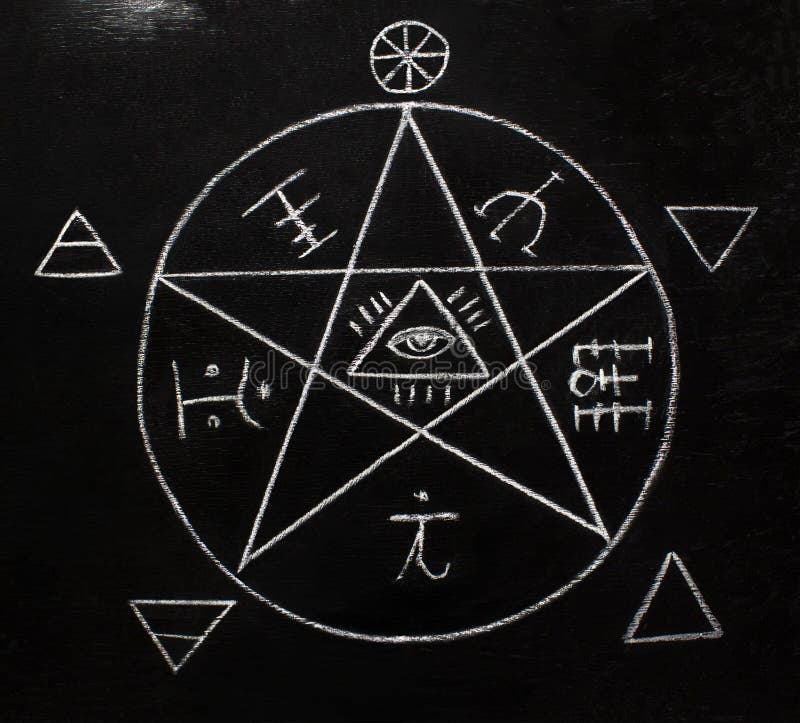 White pentagram symbol on the blackboard photo. Halloween, religious, occult, black magic concept,
