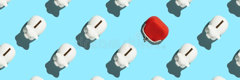 White piggy banks on blue background. Financial and money saving pattern concept banner royalty free illustration