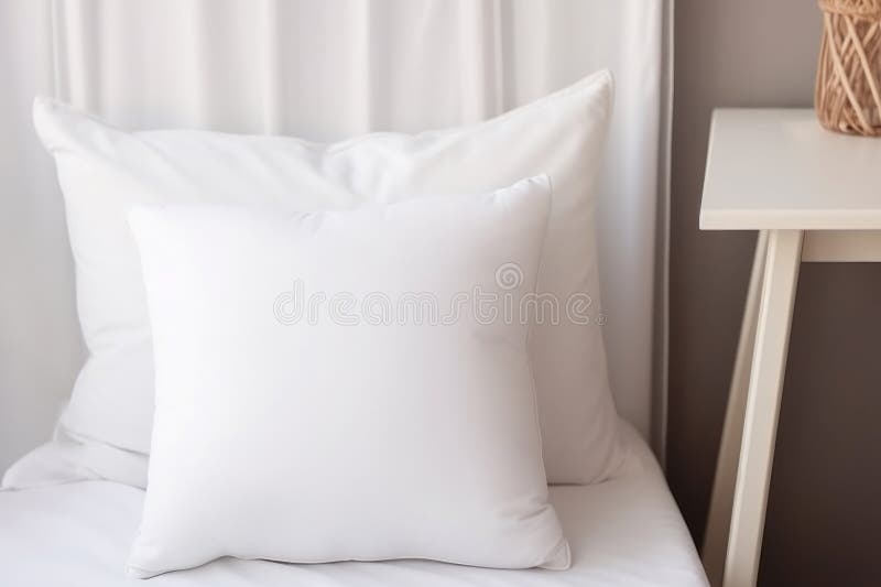 White pillow case mockup template. Blank soft pillow on the bed in bedroom, hotel room royalty free stock photo