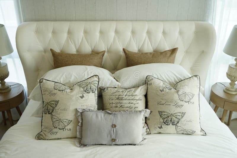 White Pillows Setting on English Country Style Bedding Stock Photo