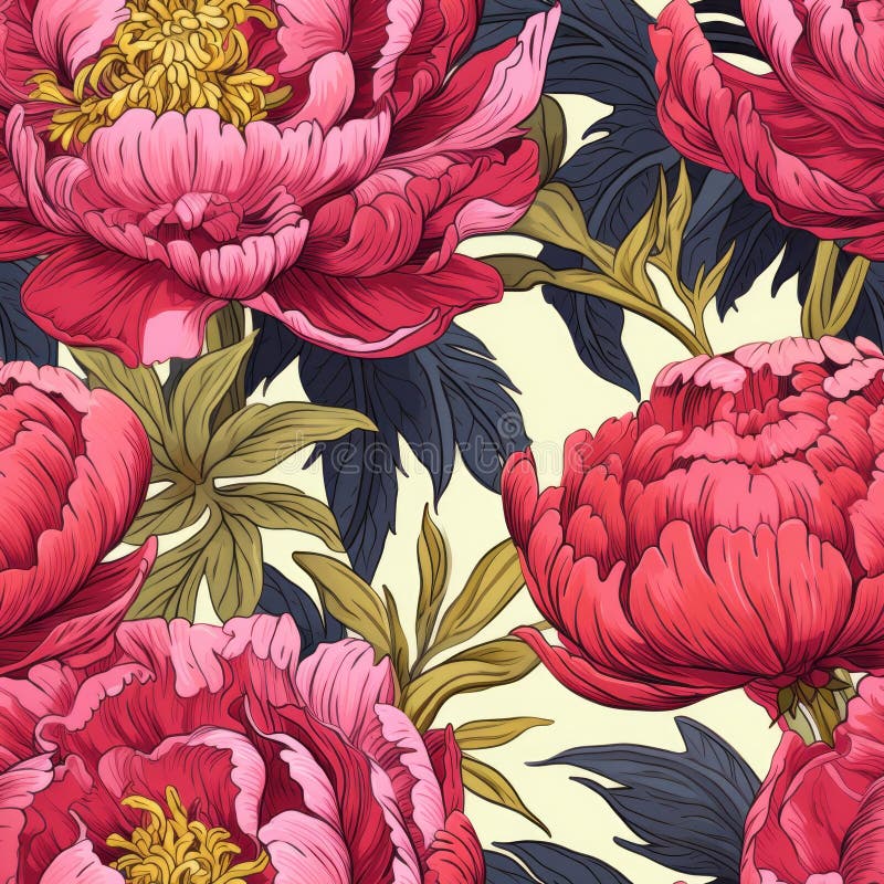 Elegant Hand-drawn Peony Floral Pattern In Realistic Colors stock illustration