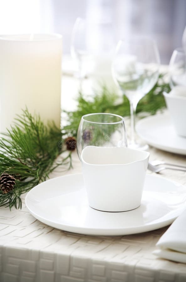 White Place Settings with Pine Boughs on Them Stock Image Image of